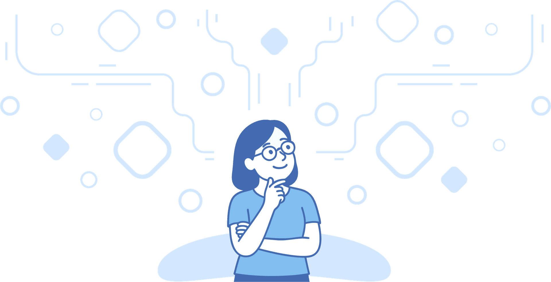 Illustration of a thoughtful person surrounded by abstract network lines and nodes, symbolizing searching and comparing local painters online